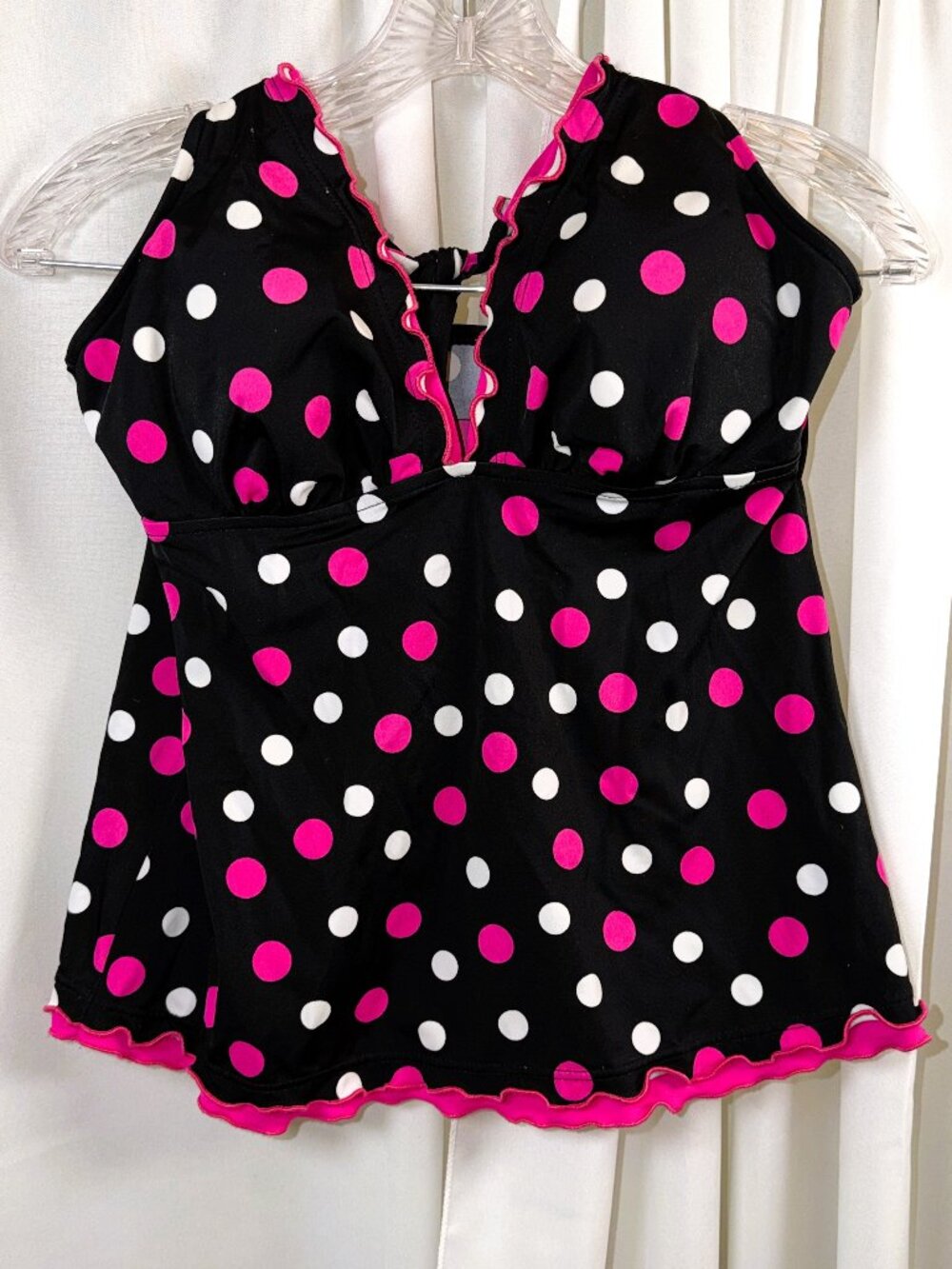 Women's Caribbean Joe Black w/Pink & White Polka Dot Tankini Halter Swim Top, 14